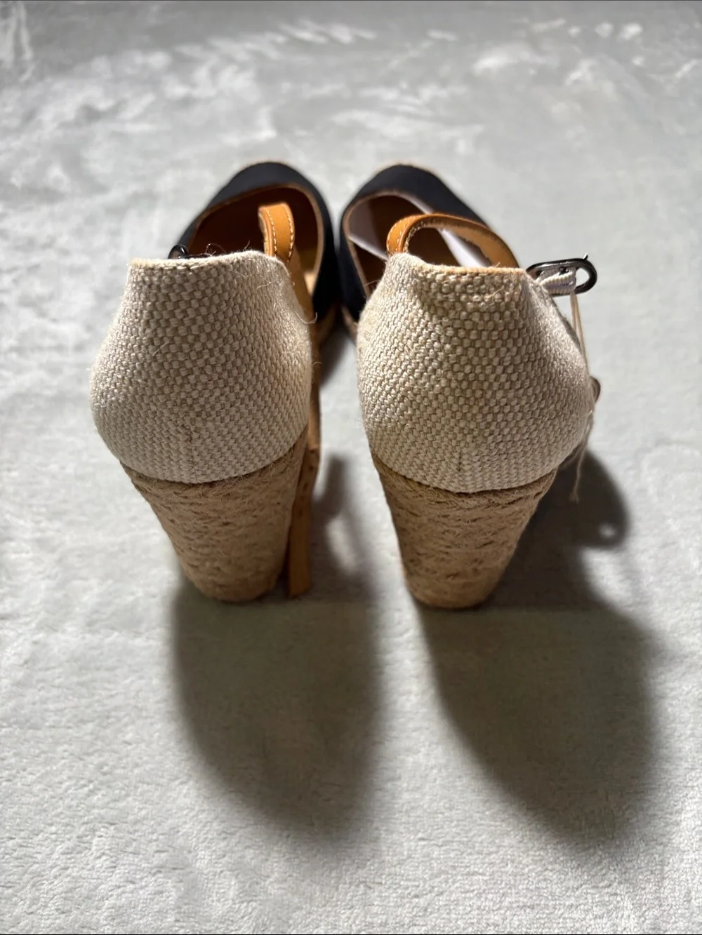 White Mountain Black and Tan Espadrille Wedge Sandals